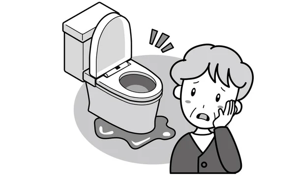Stará Žena Která Potíže Protože Toalety Teče Voda Podlaha Špinavá — Stockový vektor