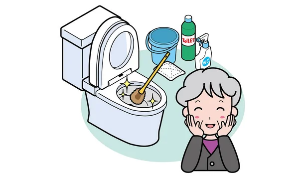 Una Abuela Que Está Feliz Limpiar Limpiar Baño — Vector de stock