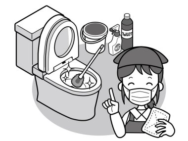 Batı tarzı bir tuvaletten fırçasını temizleyen bir kadın ve gülümseyen bir temizlikçi.)