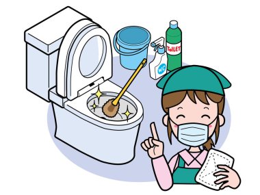 Batı tarzı bir tuvaletten fırçasını temizleyen bir kadın ve gülümseyen bir temizlikçi.)