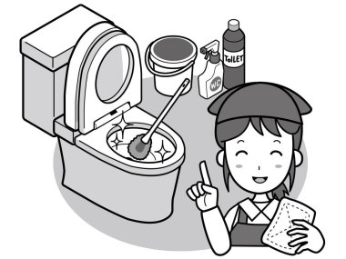 Batı tarzı bir tuvaletten fırçasını temizleyen ve gülümseyen bir temizlikçi.