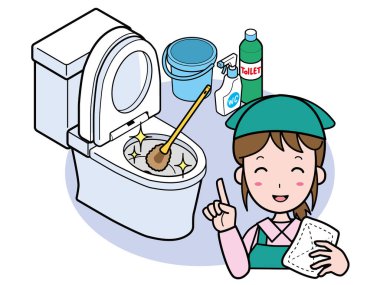 Batı tarzı bir tuvaletten fırçasını temizleyen ve gülümseyen bir temizlikçi.