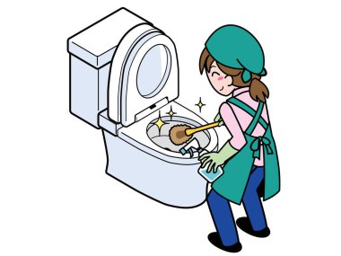 Batı tarzı tuvaletleri fırçayla güzelce temizleyen bir kadın.