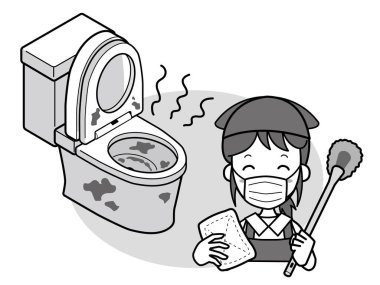 Kötü temizlenmiş batı tarzı tuvaleti ve gülümseyen temizleyicisi olan bir kadın.)