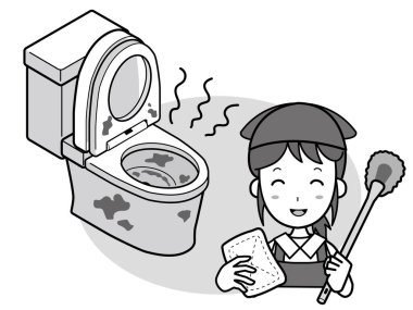 Kötü temizlenmiş batı tarzı tuvaleti ve gülümseyen temizlikçisi olan bir kadın.