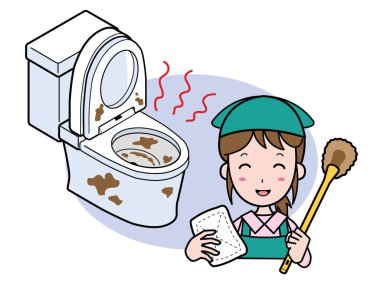 Kötü temizlenmiş batı tarzı tuvaleti ve gülümseyen temizlikçisi olan bir kadın.