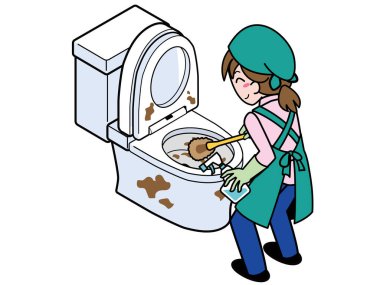 Batılı tuvaleti fırçayla temizleyen bir kadın müteahhit.