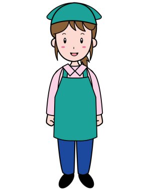 Önlüklü genç kadın temizlik yapıyor.