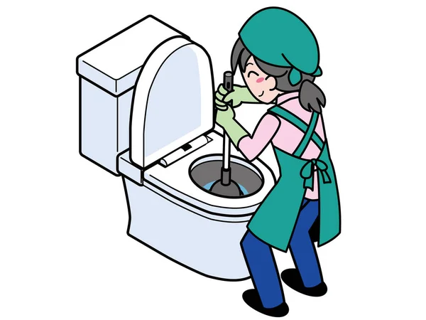 Tıkanmış Tuvaleti Plastik Bardakla Tamir Eden Bir Kadın — Stok Vektör