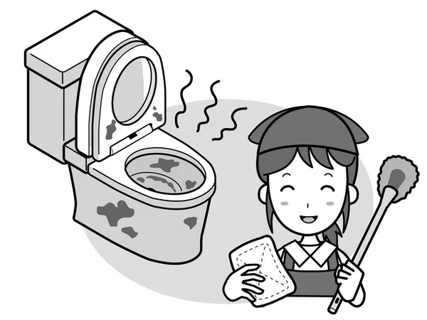 Kötü temizlenmiş batı tarzı tuvaleti ve gülümseyen temizlikçisi olan bir kadın.