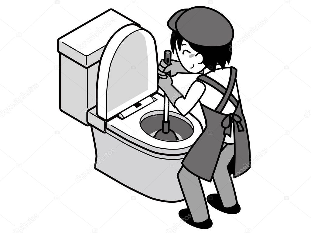 Contractor repairing a clogged toilet with a rubber cup