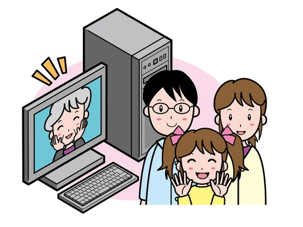 Bilgisayarından uzak, yaşlı bir kadınla uzaktan konuşan bir aile.