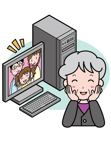 Una Nonna Felice Usare Computer Parlare Con Una Famiglia Remota — Vettoriale Stock