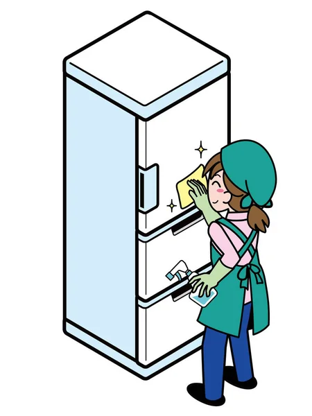 Işleri Görevlisi Kadın Buzdolabını Siliyor — Stok Vektör