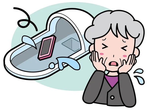 Japon tarzı tuvalete cep telefonu düşürerek başı dertte olan yaşlı bir kadın.