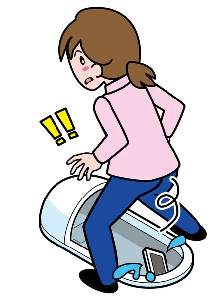 Kobieta Upuszcza Telefon Komórkowy Podczas Przekraczania Japońskiego Stylu Toalety — Wektor stockowy