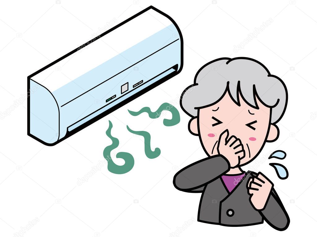 An old woman who is having trouble with an air conditioner that smells bad