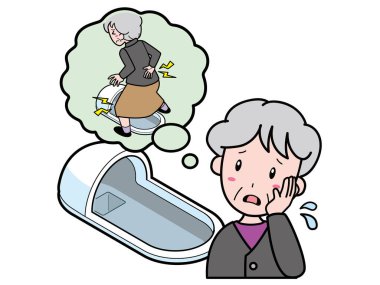 Japon tarzı tuvalette sırtı ve bacağı ağrıyan yaşlı bir kadın.