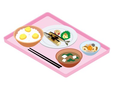 Japon çalışan kafeteryasında öğle yemeği (kestane pilavı ve ızgara saury))