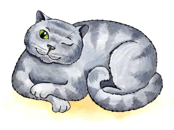 Сірий Кіт Який Перевертається Акварельна Ілюстрація — стокове фото