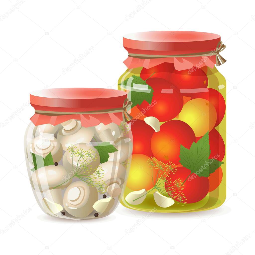 Pickled Tomatoes and Pickled Champignons in Glass jars with lids. Pickles, Semi-finished products. Vector illustration isolated on white background.