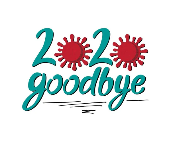 Lettering Goodbye 2020 από τιρκουάζ γράμματα και Coronovirus εικονογράφηση — Διανυσματικό Αρχείο