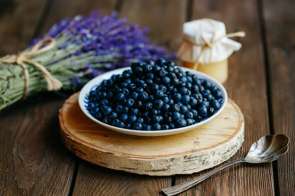 Fresh Blueberries Wooden Table Homemade Honey Lavender — Stock Photo, Image