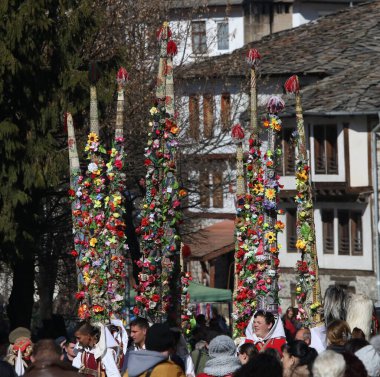 Shiroka laka, Bulgaristan - 1 Mart 2020: Bulgaristan 'ın Shiroka laka kentinde düzenlenen Maskeli Balo Festivali' nde maskeli insanlar dans ediyor ve kötü ruhları korkutmak için gösteri yapıyorlar.