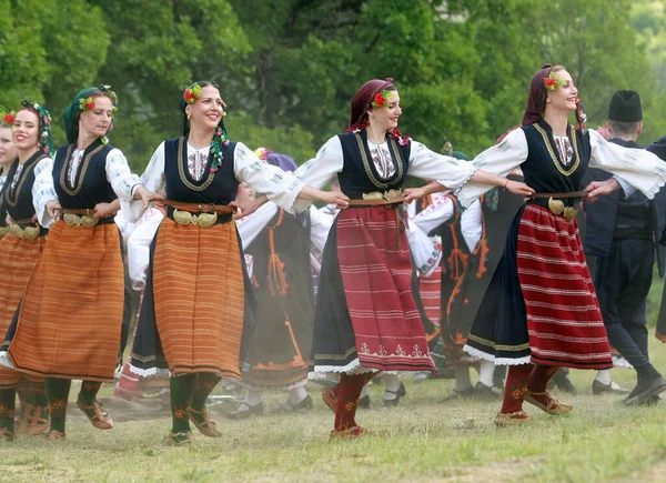 2015年5月5日ブルガリア ヴァルヴァラ 伝統衣装を着た人々がヴァルヴァラ村近くの牧草地でブルガリアのホロを踊る — ストック写真