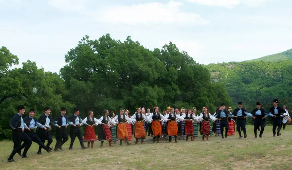 保加利亚瓦尔瓦拉 2015年5月5日 身着传统服装的人在瓦尔瓦拉村附近的草地上跳牛群舞 — 图库照片