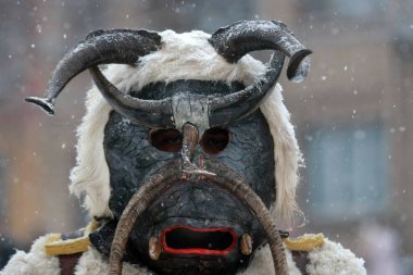Breznik, Bulgaristan - 16 Ocak 2016: Bulgaristan 'ın Breznik kentinde düzenlenen Maskeli Balo Festivali' nde geleneksel Kukeri kostümlü kimliği belirsiz kişiler görülüyor.