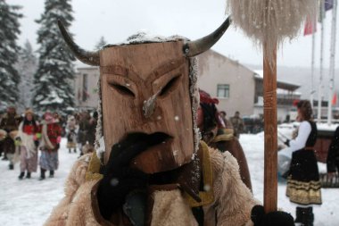 Breznik, Bulgaristan - 16 Ocak 2016: Bulgaristan 'ın Breznik kentinde düzenlenen Maskeli Balo Festivali' nde geleneksel Kukeri kostümlü kimliği belirsiz kişiler görülüyor.