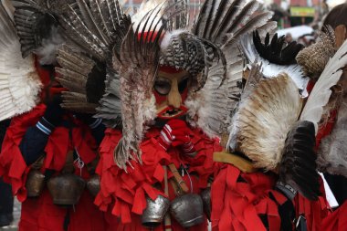 Breznik, Bulgaristan - 21 Ocak 2017: Bulgaristan 'ın Breznik kentinde düzenlenen Maskeli Balo Festivali' nde geleneksel Kukeri kostümlü tanımlanamayan kişiler görülüyor.