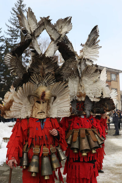 Breznik, Bulgaria - January  21, 2017: Unidentified people with traditional Kukeri costume are seen at the Festival of the Masquerade Games Surova in Breznik, Bulgaria.