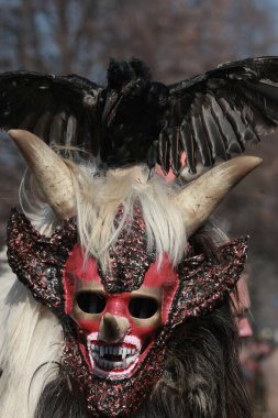 Pernik, Bulgaristan - 30 Ocak 2016 - Bulgaristan 'ın Pernik kentinde Maskeli Balo Festivali Surva. Kukeri adındaki maskeli insanlar dans ediyor ve kötü ruhları korkutmak için gösteri yapıyorlar..