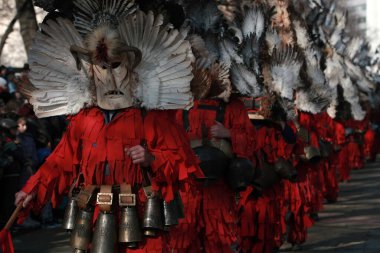 Pernik, Bulgaristan - 30 Ocak 2016 - Bulgaristan 'ın Pernik kentinde Maskeli Balo Festivali Surva. Kukeri adındaki maskeli insanlar dans ediyor ve kötü ruhları korkutmak için gösteri yapıyorlar..