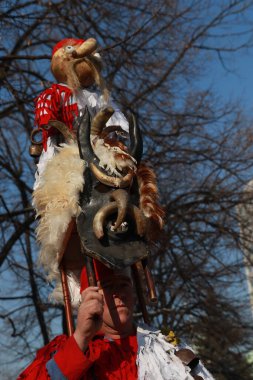 Pernik, Bulgaristan - 27 Ocak 2019: Kukeri isimli maskeli kişiler, Pernik kentinde düzenlenen Uluslararası Maskeli Balo Oyunları Surva Festivali 'nde kötü ruhları korkutmak ve dans etmek için gösteri yapıyorlar, 