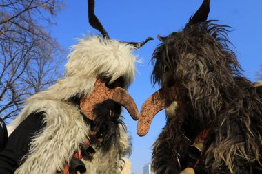 Pernik, Bulgaristan - 27 Ocak 2019: Kukeri isimli maskeli kişiler, Pernik kentinde düzenlenen Uluslararası Maskeli Balo Oyunları Surva Festivali 'nde kötü ruhları korkutmak ve dans etmek için gösteri yapıyorlar, 