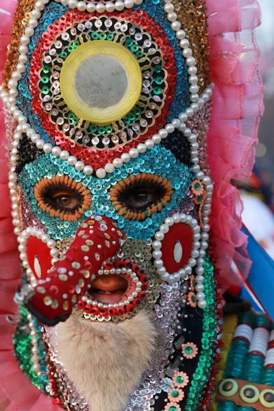 Pernik, Bulgaristan - 27 Ocak 2019: Kukeri isimli maskeli kişiler, Pernik kentinde düzenlenen Uluslararası Maskeli Balo Oyunları Surva Festivali 'nde kötü ruhları korkutmak ve dans etmek için gösteri yapıyorlar, 