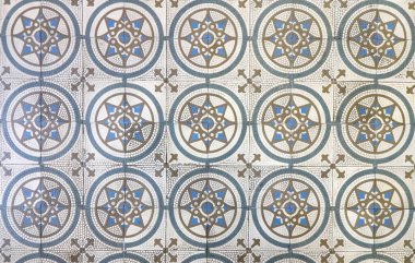 Damalı geleneksel Avrupa seramik mozaik kaplama şablonu. Mimari mozaik detay, sokak, banyo ve havuz için soyut arka plan. Sokak ve iç tasarım için süs deseni