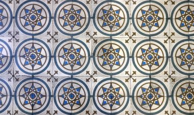 Damalı geleneksel Avrupa seramik mozaik kaplama şablonu. Mimari mozaik detay, sokak, banyo ve havuz için soyut arka plan. Sokak ve iç tasarım için süs deseni