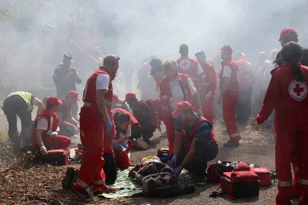 Sofya, Bulgaristan - 5 Aralık 2019: Bulgar Kızılhaç Gençlik (BRCY) gönüllüleri bir itfaiye teşkilatıyla eğitime katıldı. Deprem ve doğal afet yangınından sonra insanlara ilk yardım yardımı sağlıyorlar..
