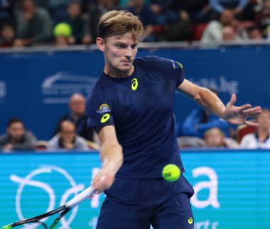 Sofya, Bulgaristan - 11 Şubat 2017: David Goffin, Sofya Armeec salonundaki Sofya kalemi yarı finalinde Roberto Bautista-Agut 'u yendi