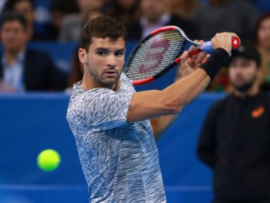 Sofya, Bulgaristan - 11 Şubat 2017: Grigor Dimitrov yıl içindeki ikinci finaline ulaştı. Dimitrov, Garanti Koza Sofia 'nın yarı finalini kazanan ev sahiplerini heyecanlandırdı. 63 dakika içinde tohumsuz Nikoloz Bashilasvili 6: 1, 6: 3' ü açın.
