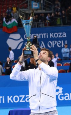 Sofya, Bulgaristan - 12 Şubat 2017: Grigor Dimitrov tenis ATP turnuvası Sofya 250 Açık finallerini David Goffin Hall Armeec 'i yenerek kazandı