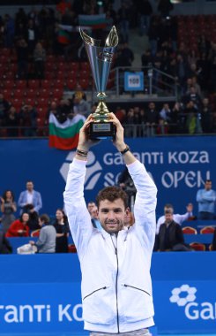 Sofya, Bulgaristan - 12 Şubat 2017: Grigor Dimitrov tenis ATP turnuvası Sofya 250 Açık finallerini David Goffin Hall Armeec 'i yenerek kazandı