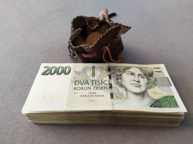 Çek tacı, Çek parası, para, üst üste yığılmış iki bin banknot, 50 kronluk deri bir tencerenin yanında.