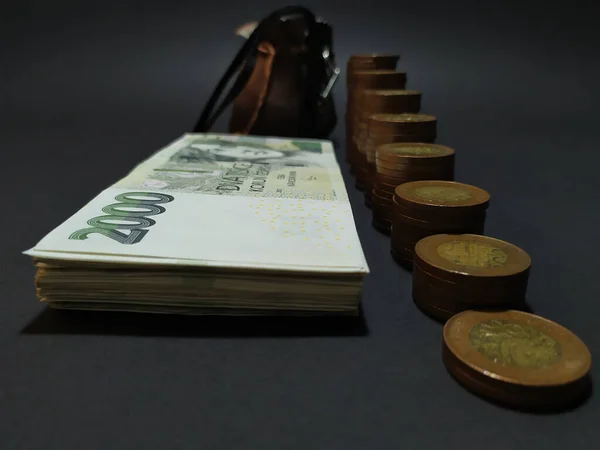 Çek banknotlarına yakın plan, arka planda yığılmış 50 Koruna sikkelerinin yanına istiflenmiş.