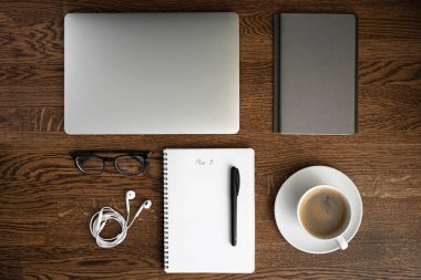 B planı boş not defterine siyah kalemle yazılmış. Laptop, bardaklar, kahve fincanı, defterler ve kulaklıklar ahşap masada. Evden çalışıyorum. Düğümleniyor.