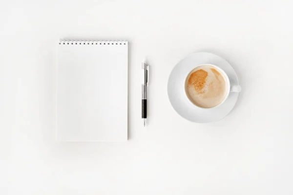 Blank Notepad Pen Cup Coffee White Background Minimalism Top View — Stock Photo, Image